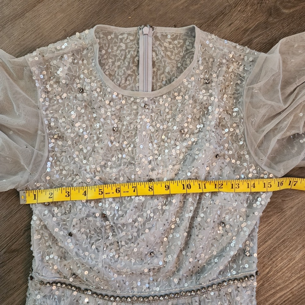 Mac Duggal Cape Sleeve Beaded Midi Dress Powder Blue Silver Ethereal Glam 6 $598 - Picture 14 of 16